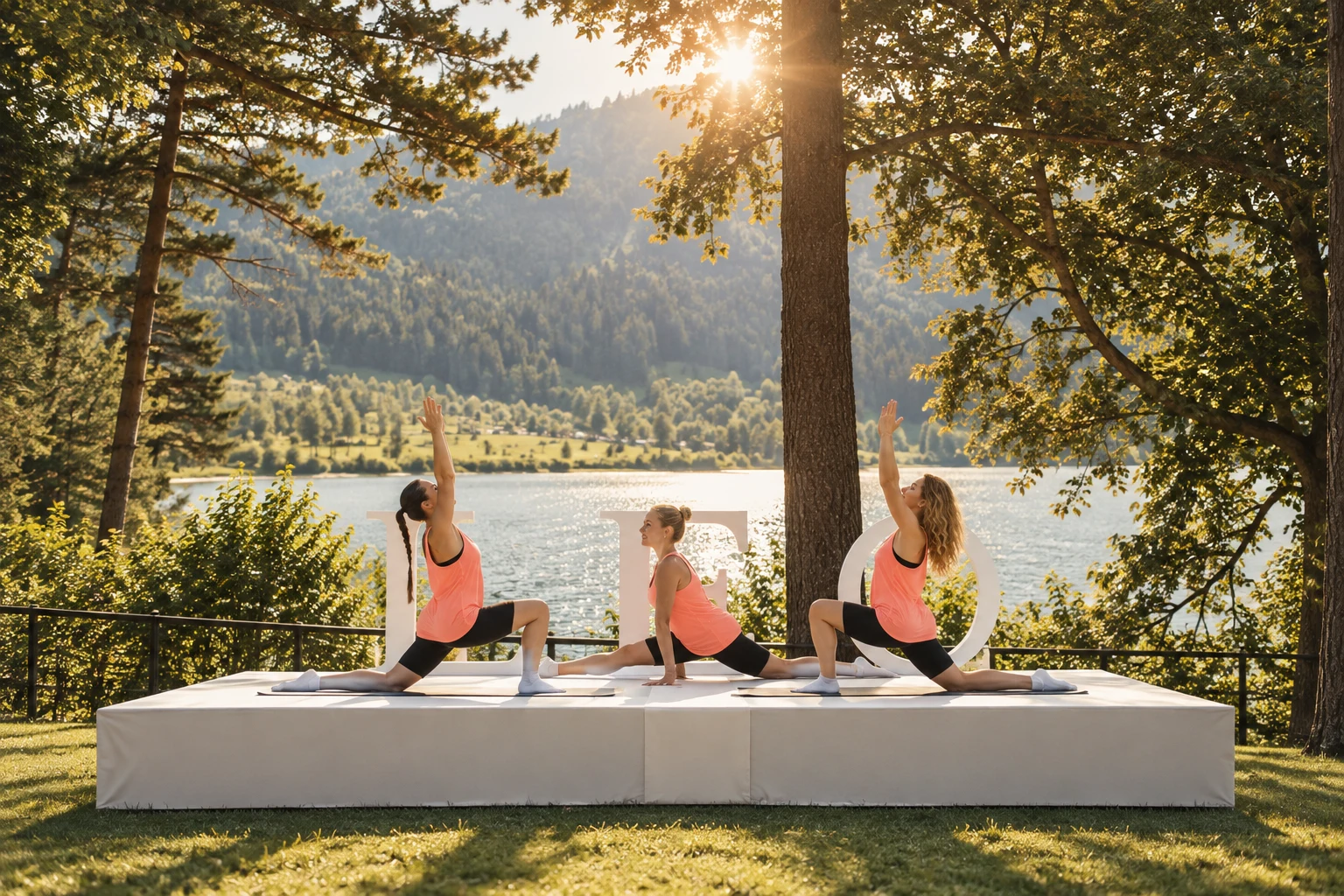 Leo Pilates Studio — göl kenarında LEO yazısı önünde grup dersi
